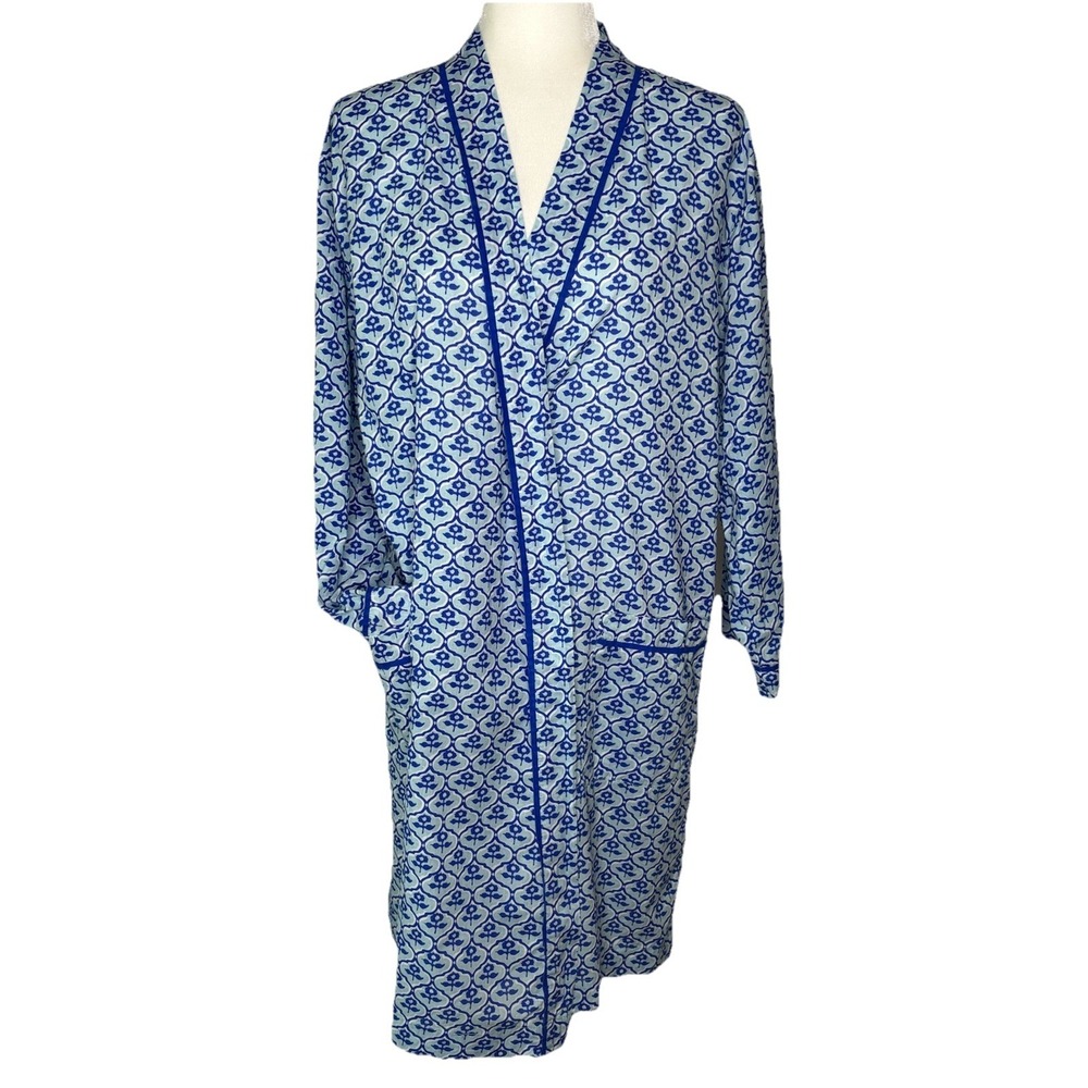 The Company Store Robe Kimono 100% Cotton M/L Blue Geo Floral Inside Tie-NO BELT